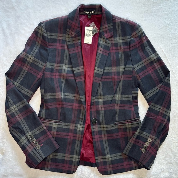 Express NWT Silk Lined Plaid Blazer in Red, Black, Gray Dark Academia Size 6 - Picture 3 of 8